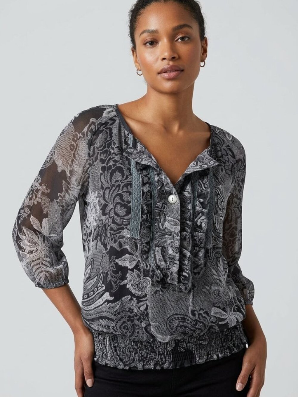 Pleione Black Gray Paisley Lace Ruffle-Front Sheer Blouse Puff Longsleeves M-L